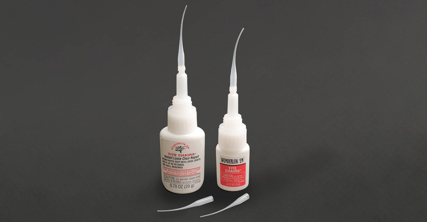 Tite-Chairs repair glue in 20g and 5g. Each size with two fine tip nozzles